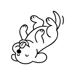 A relaxed dog lying on its back, legs sprawled, tongue hanging out while sleeping peacefully, simple and cute line drawing.