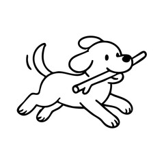 A happy dog dashing forward with a large stick clutched proudly in its mouth, tail high and legs in motion, drawn with playful thin lines.