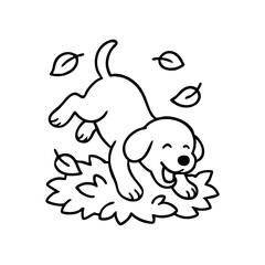 A dog mid-leap toward a crunchy pile of autumn leaves, ears flying and paws up, outlined in joyful, dynamic black lines.