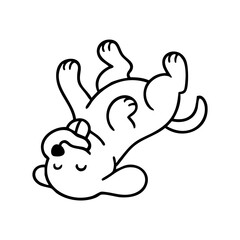 A relaxed dog lying on its back, legs sprawled, tongue hanging out while sleeping peacefully, simple and cute line drawing.