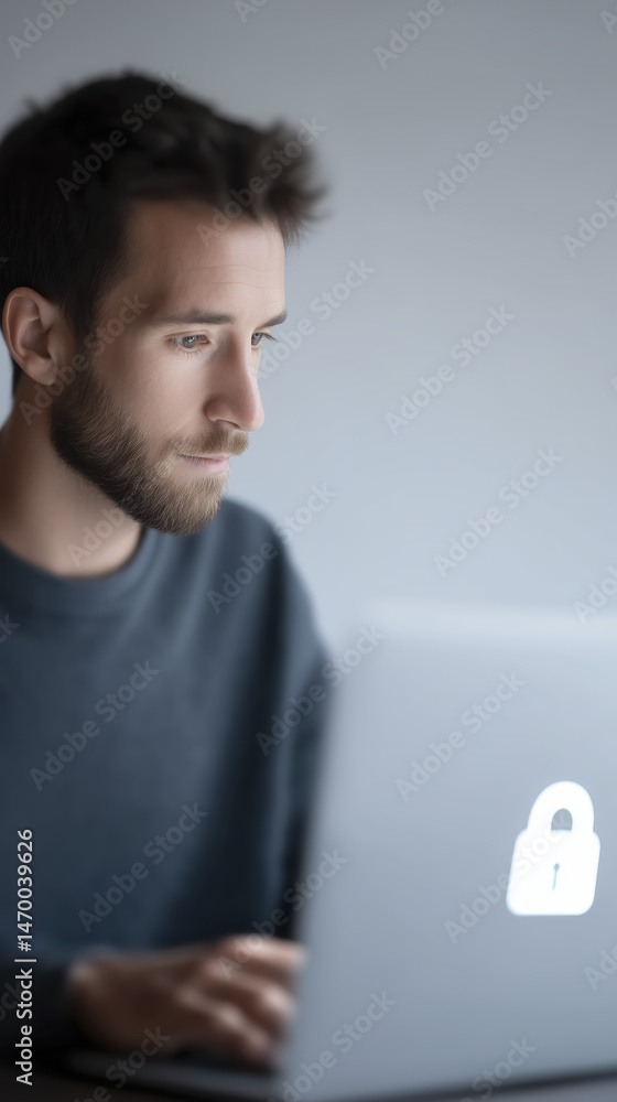 Poster young man with beard focused on laptop screen displaying a padlock symbol, representing cybersecurit