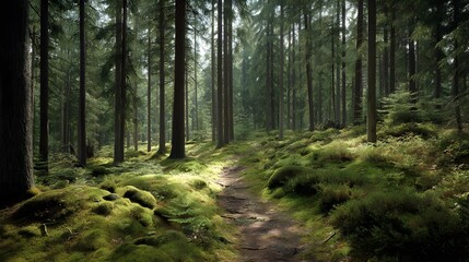 Peaceful forest trail winding through lush green woods in the morning light