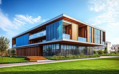 Obraz premium Modern new residential apartment building complex with wooden cladding and blue metal paneling, landscaped design on green grass near the street in the city. generative ai