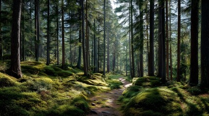 Peaceful forest trail winding through lush green woods in the morning light