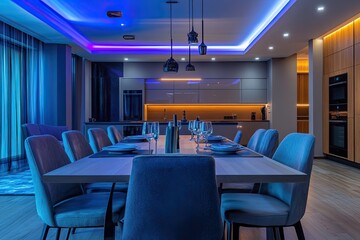 A modern dining room with chrome accents and color-changing LED ceiling lights