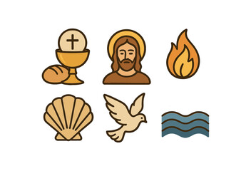 Christian symbols: eucharist, jesus, fire, shell, dove, water vector illustration