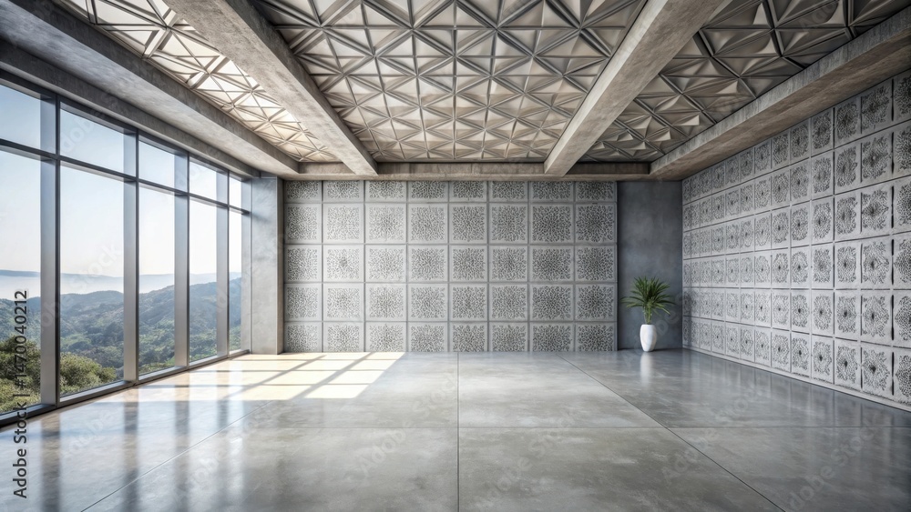 Aufkleber Modern Open-Plan Room with Geometric Ceiling and Intricate Wall Panels, Featuring Expansive Windows Offering a Panoramic View of Lush Greenery
