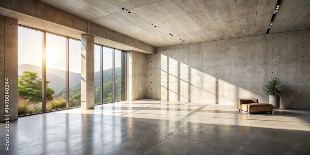 Poster sunlit modern room with expansive window views and concrete walls