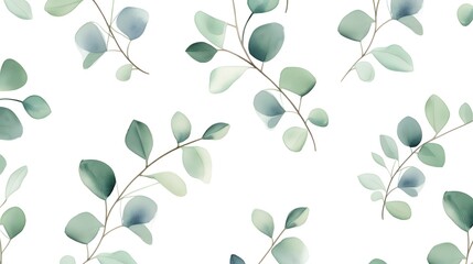 Exquisite Watercolor Green Floral Seamless Pattern with Eucalyptus Leaves in Elegant Design