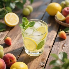 Fototapeta premium Fresh Homemade Lemonade with Mint and Ice Cubes Surrounded by Fruits on a Wooden Table, Perfect for a Refreshing Summer Drink, Natural Light Photography, 8K
