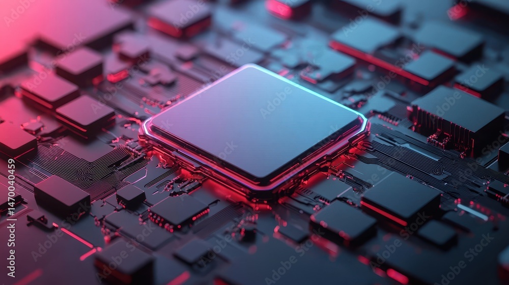 Poster A futuristic microchip with neon lighting is mounted on a complex circuit board, representing advanced technology and computing power.