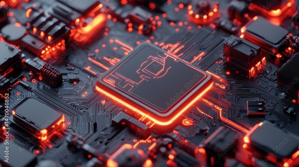 Poster A glowing computer microchip on a circuit board, illuminated with red light, showcasing modern electronic technology.