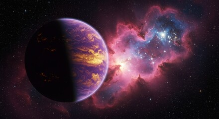 Obraz premium Celestial Orb and Nebula - A vibrant exoplanet with swirling purple and gold clouds is showcased against a backdrop of a dazzling pink and blue nebula. Stars twinkle in the dark expanse of space