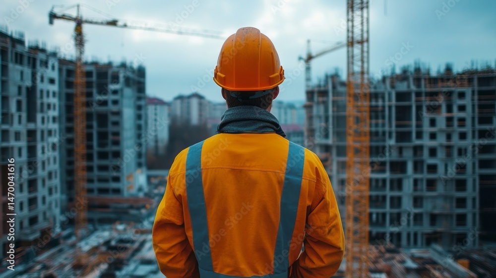 Poster construction worker surveys a large-scale building project.
