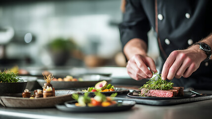 A professional chef meticulously plating a gourmet meal