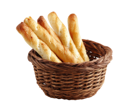 Crispy breadsticks served in a woven basket for gatherings