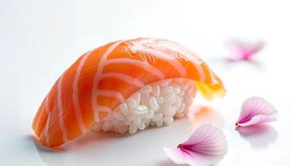 タイトル：「白地にサーモンと桜の握り寿司：日本の伝統」