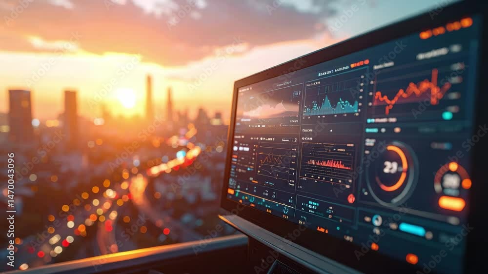 Aufkleber data analytics dashboard innovation shows climate trends with cityscape sunset background on compute