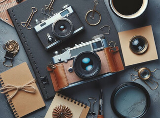 Creative flat lay with vintage cameras, coffee, and photography accessories