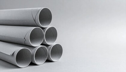 Fototapeta premium A neatly arranged stack of shiny steel pipes, varying in diameter, reflecting light, set against a textured concrete background, showcasing industrial strength.