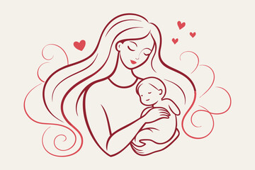 Tender Mother Holding Newborn Baby Line Art Illustration