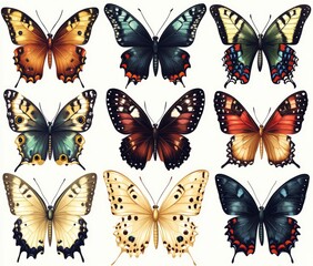Collection of diverse butterfly species.  Detailed illustrations showcase various wing patterns and colors.  Vibrant hues and intricate designs create a visually appealing display