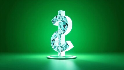 A glowing, faceted dollar sign symbol stands upright on a circular base against a vibrant green background. - Powered by Adobe