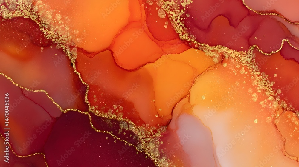 Poster abstract background with dynamic splashes of colorful alcohol ink in vivid shades of orange red and 