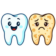 Dental cartoon illustration of dirty and clean teeth side by side. Perfect for kids' oral hygiene education and dental care materials.