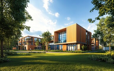 Obraz premium Modern new residential apartment building complex with wooden cladding and blue metal accents in a city landscape, outdoor architecture photography.generative ai
