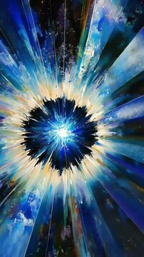 Abstract blue explosion of light and color, radiating outwards from a dark center