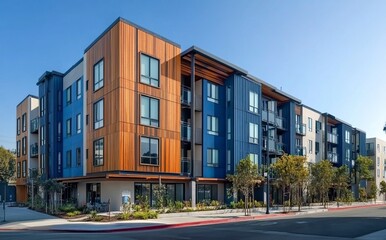 Modern new residential apartment building complex with wooden cladding and blue metal accents in a city landscape, outdoor architecture photography.generative ai