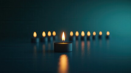 Fototapeta premium A minimalist scene of twelve candles, one flickering brightly, while the others remain dark, symbolizing the power of a single creative and intelligent idea among many 
