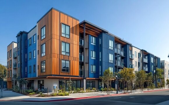Modern new residential apartment building complex with wooden cladding and blue metal accents in a city landscape, outdoor architecture photography.generative ai