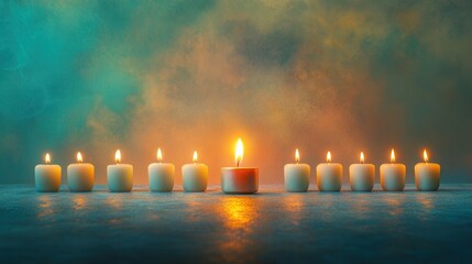 A group of twelve candles, with one flickering flame standing out, representing creativity and brilliance in a sea of unlit candles, against a soft, shadowed background 