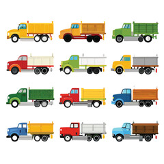 Nine classic Flatbed Truck arranged on a white background.