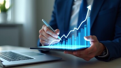 Analyzing sales data and market growth business strategy insights, Finance and investment concept. Businessman utilizing laptop for market analysis financial graph chart and business strategy