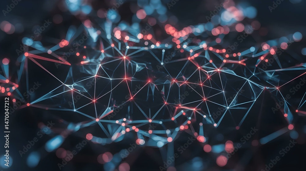 Poster abstract network plexus: interconnected lines, dots, and bokeh lights on a dark background