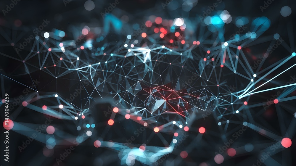 Poster abstract futuristic network: plexus of interconnected lines, dots, and bokeh lights on a dark backgr