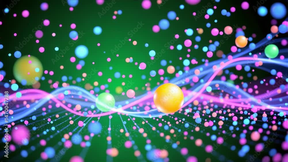 Poster colorful particles and vibrant waves float in a dynamic, abstract digital representation on a green 