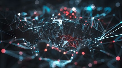 Abstract Futuristic Network: Plexus of Interconnected Lines, Dots, and Bokeh Lights on a Dark Background