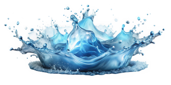 A stunning splash of crystal-clear water with vibrant blue hues, creating a mesmerizing crown shape, evoking a sense of freshness and tranquility.
