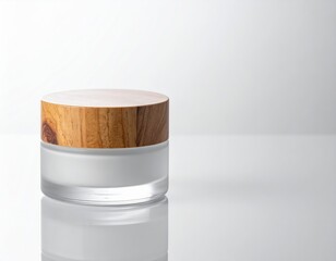 A sleek white ceramic jar featuring a smooth wooden lid, complemented by a transparent glass body, ideal for stylish storage or decor.