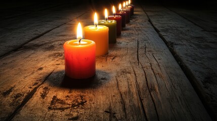 A dozen candles on a table, one glowing brightly, the others unlit, symbolizing the power of a single idea, creativity, and intelligence, in a dark, focused setting