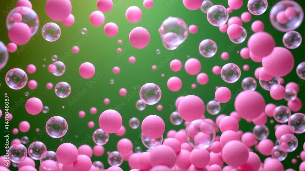 Poster pink and transparent spheres floating against a soft green background in a dreamy abstract compositi