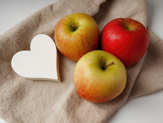 Fresh red apples with white wooden heart on beige cloth napkin, minimalist kitchen decor for healthy eating, Valentine's gifts, rustic home styling with natural light and organic textures. 
