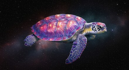 Cosmic Turtle in Space Voyage - A vibrant sea turtle gracefully swims through a cosmic nebula, symbolizing wonder, exploration, ancient wisdom, celestial beauty, and the interconnectedness of life