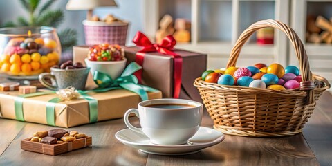 Aromatic Coffee Beside Colorful Treats and Wrapped Gifts on a Wooden Table