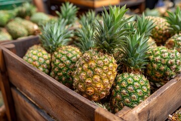Fresh Pineapples in Wooden Crate
