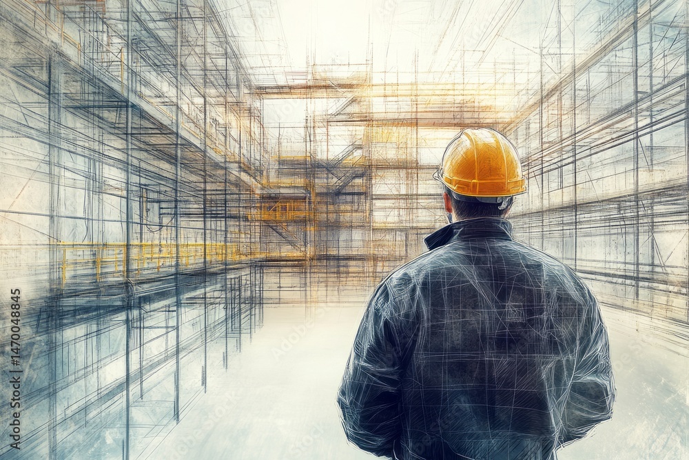 Poster abstract architectural rendering of construction site with worker.